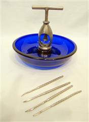 VERY RARE MCM COBALT BLUE GLASS WALNUT CRACKER WITH 4 PICKS-METAL PATENTED 1917